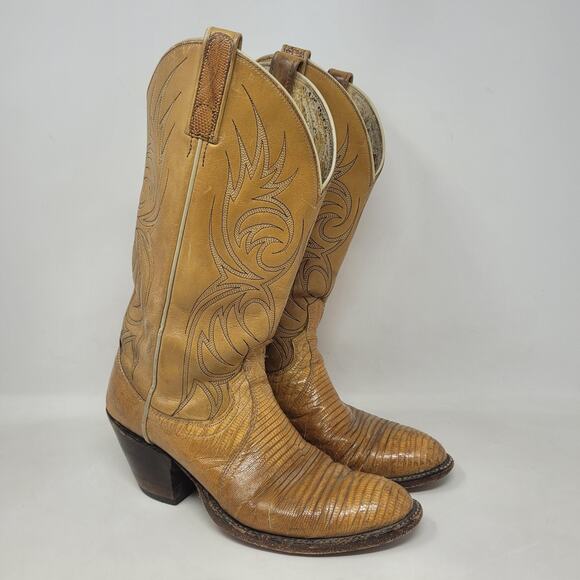 Vintage Tony Lama Boots Mens 8D Teju Lizard Tan Leather Exotic Western Cowboy - Picture 1 of 15